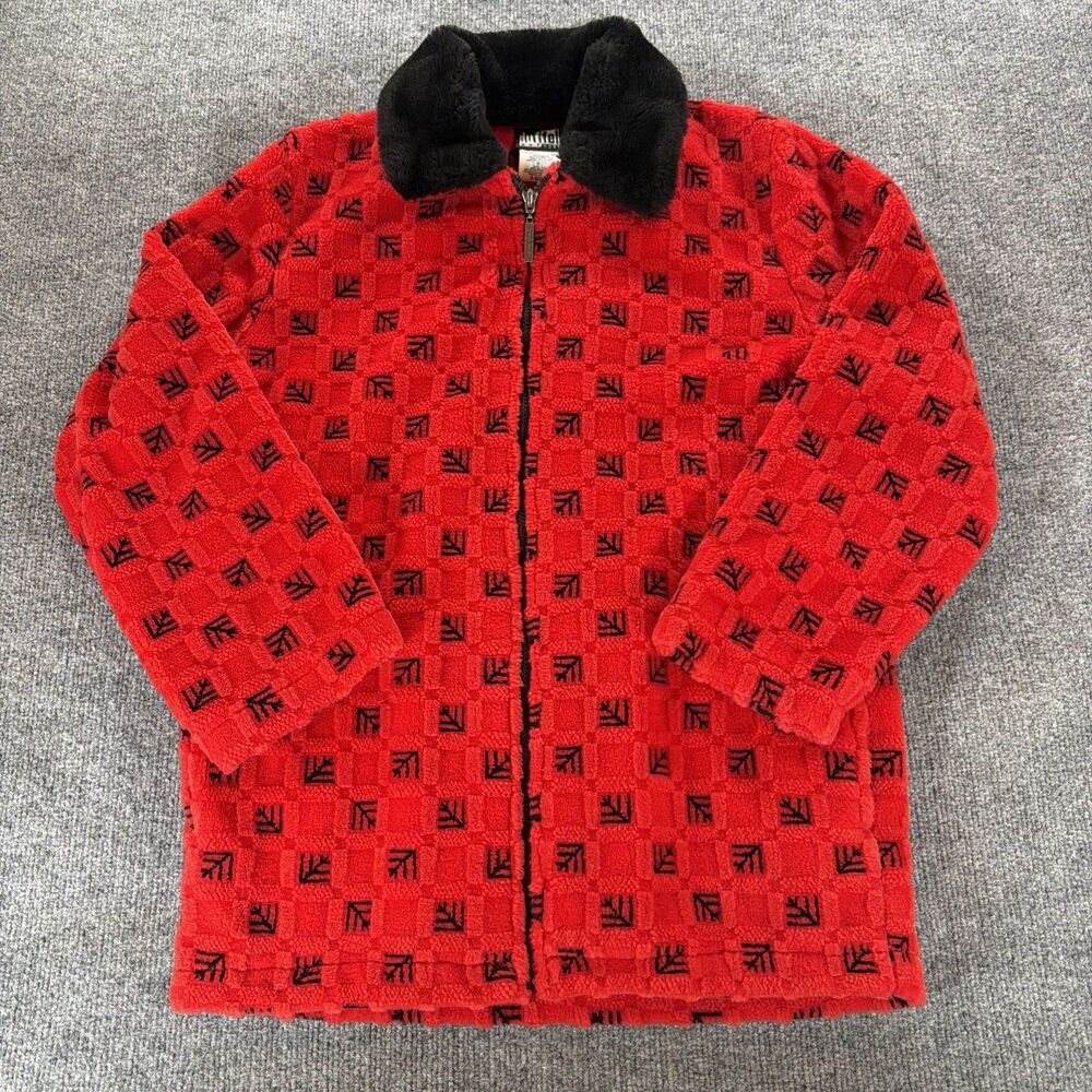 Vintage Duffel Outdoors Fleece Jacket Red Black Faux Fur Collar Canada 90s XS